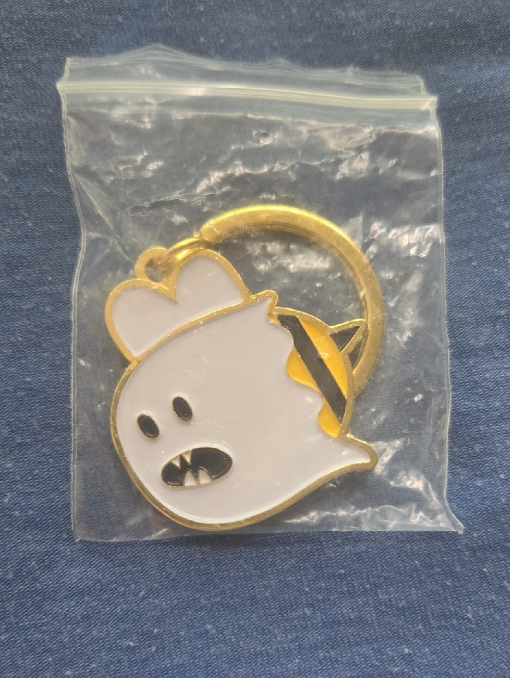 Latched Mama Boo-bee Ghost Bee Keychain with Gold Trim and Yellow Accent